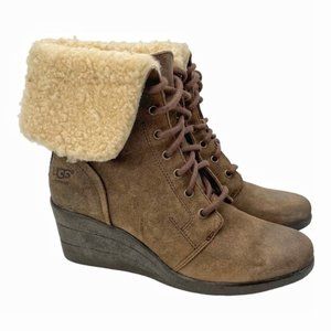 Ugg Zea Waterproof Boots Size 7 Brown Leather Suede Wedge Shearling